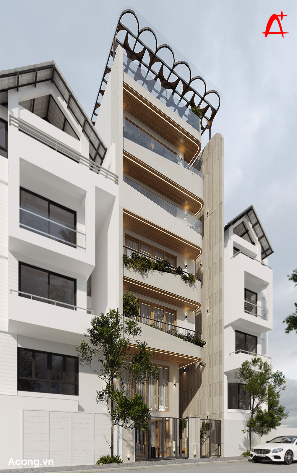 Các lớp ban công cong kết hợp lam gỗ và cây xanh tạo chiều sâu, giúp mặt đứng sinh động và có nhịp điệu.